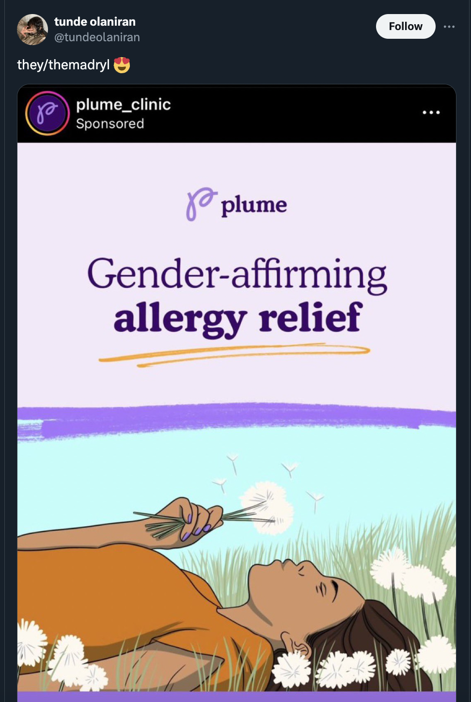 screenshot - tunde olaniran theythemadryl plume_clinic Sponsored B plume Genderaffirming allergy relief